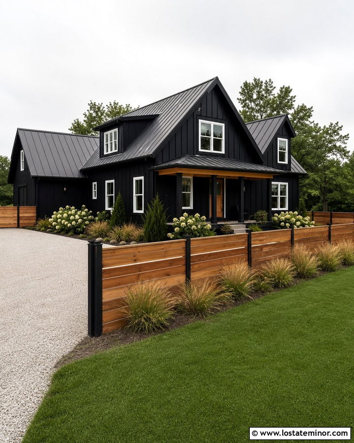 Jet Black Modern Farmhouse With Cedar Fence - 30 Jet Black House Design With Fence Ideas