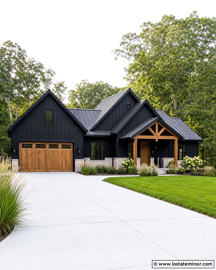 Jet Black Modern Farmhouse With Cedar Garage Door - 30 Jet Black House Design With Garage Door Ideas