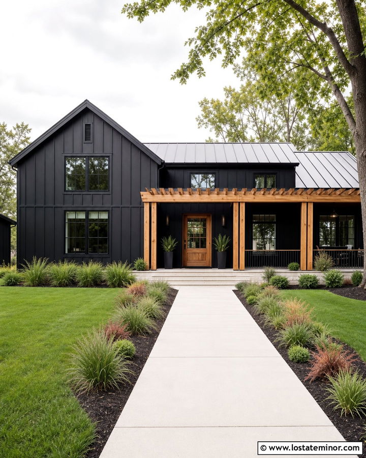 Jet Black Modern Farmhouse With Cedar Pergola - 30 Jet Black House Design With Pergola Ideas