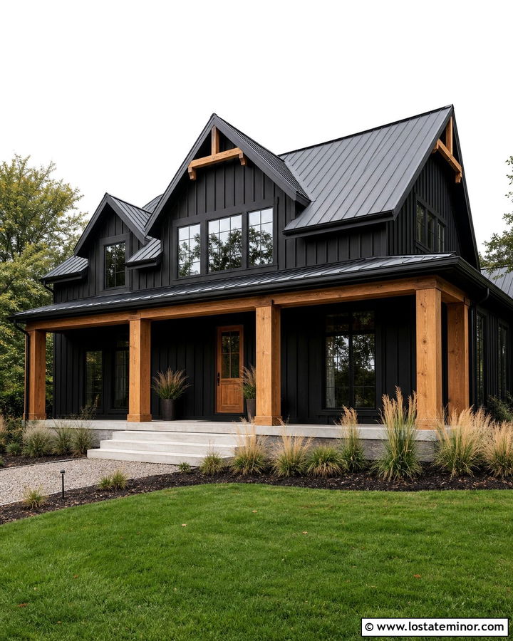 Jet Black Modern Farmhouse With Cedar Porch Columns - 30 Jet Black House Design With Porch Columns Ideas