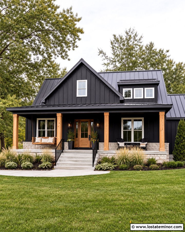 Jet Black Modern Farmhouse With Cedar Porch Swing - 30 Jet Black House Design With Swing Ideas