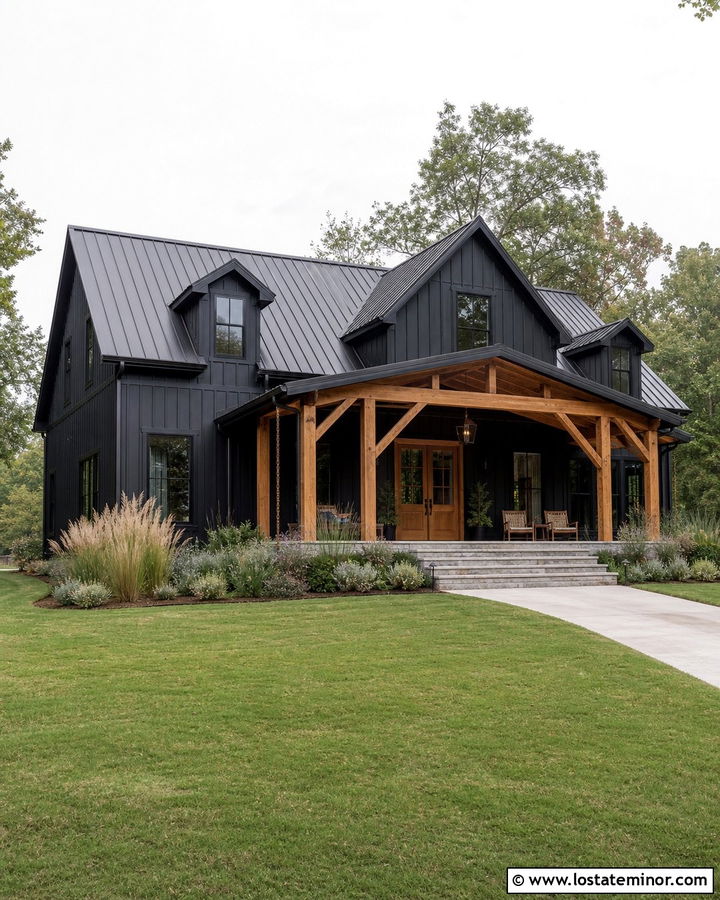 Jet Black Modern Farmhouse With Cedar Porch - 30 Jet Black House Design With Front Porch Ideas