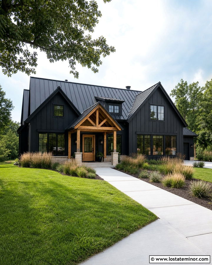 Jet Black Modern Farmhouse With Cedar Portico - 30 Jet Black House Design With Portico Ideas