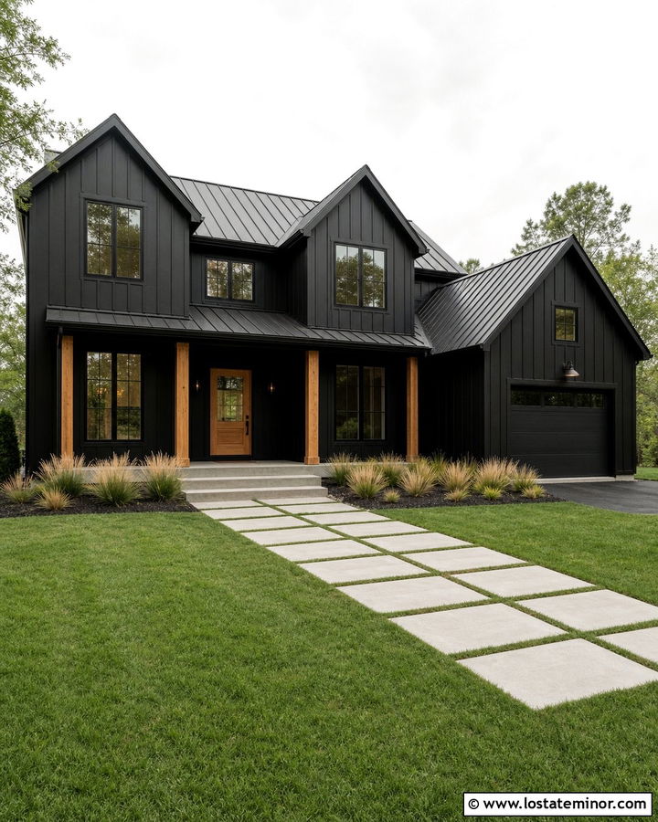 Jet Black Modern Farmhouse With Concrete Steps - 30 Jet Black House Design With Steps Ideas