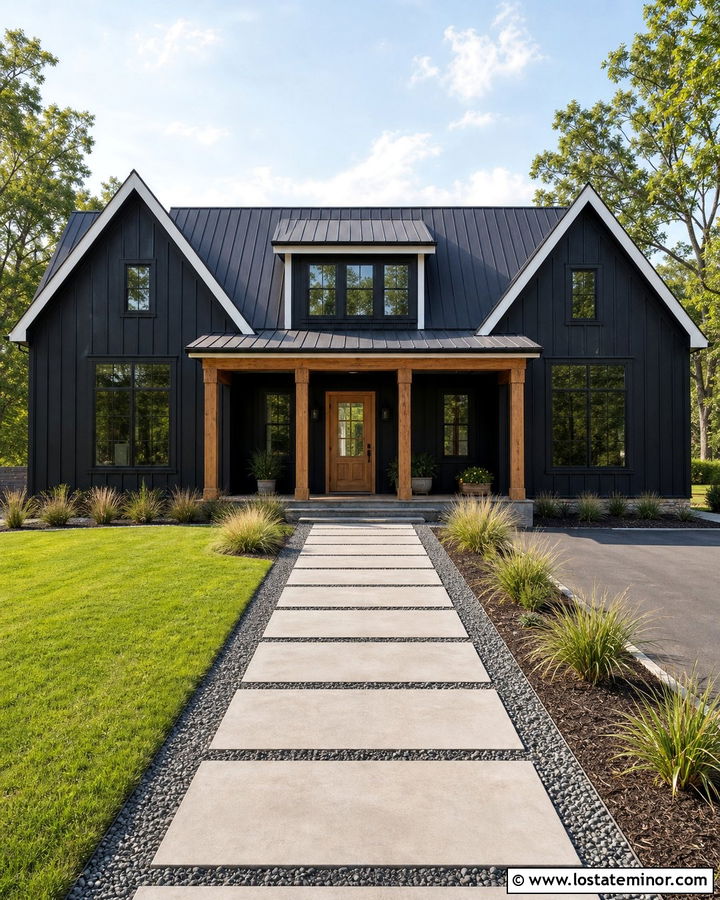 Jet Black Modern Farmhouse With Concrete Walkway - 30 Jet Black House Design With Walkway Ideas