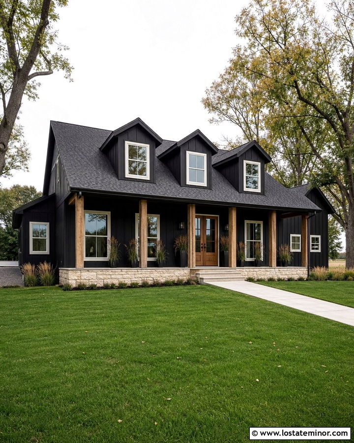 Jet Black Modern Farmhouse With Gabled Dormers - 30 Jet Black House Design With Dormers Ideas