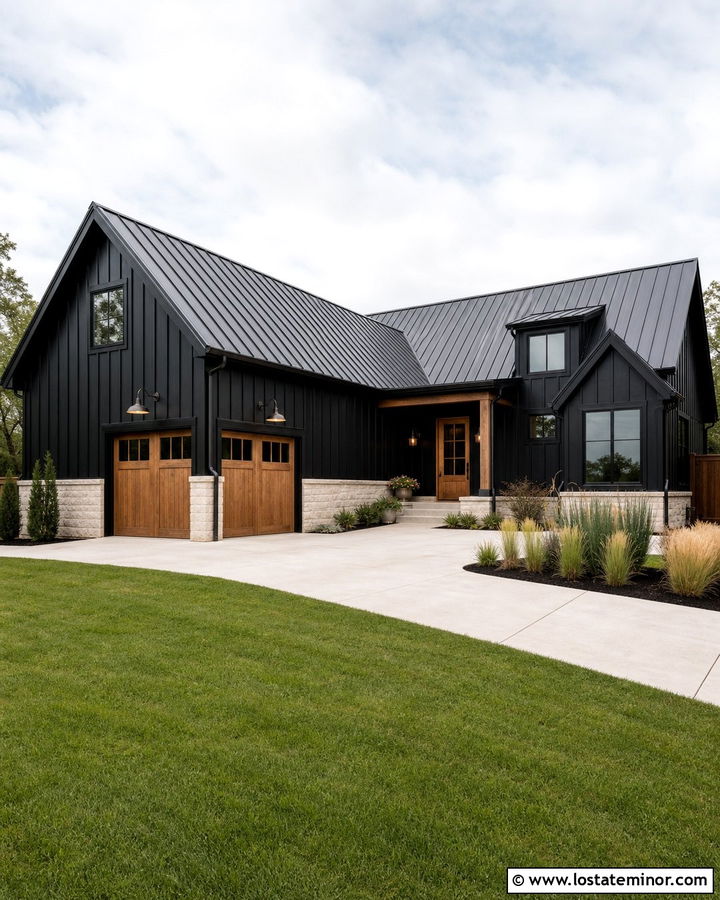 Jet Black Modern Farmhouse With Gooseneck Lights - 30 Jet Black House Design With Lighting Ideas