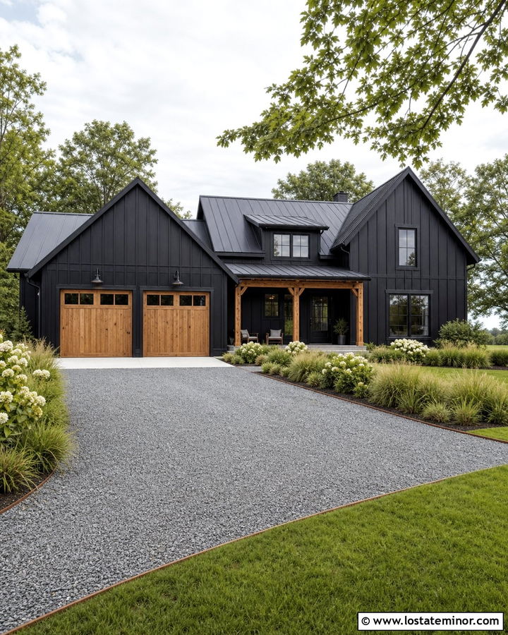 Jet Black Modern Farmhouse With Gravel Driveway - 30 Jet Black House Design With Driveway Ideas