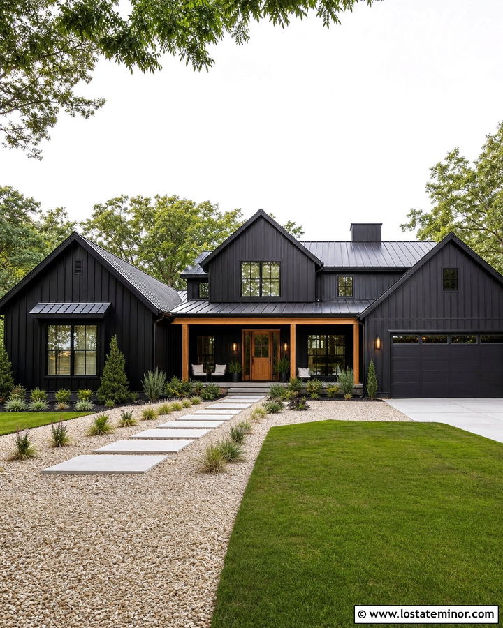 Jet Black Modern Farmhouse With Gravel Front Yard - 30 Jet Black House Design With Front Yard Ideas