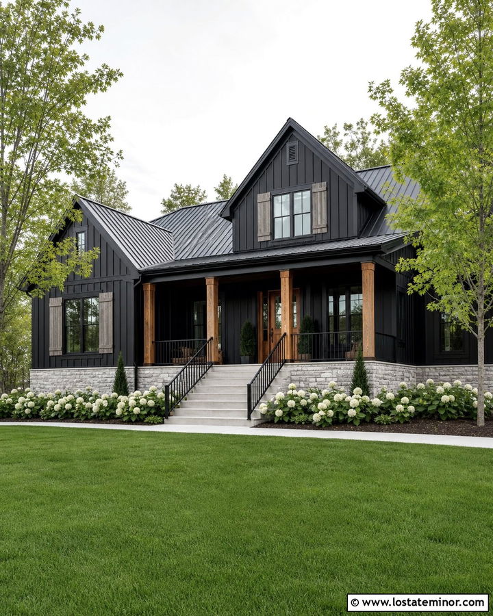 Jet Black Modern Farmhouse With Gray Shutters - 30 Jet Black House Design With Shutters Ideas