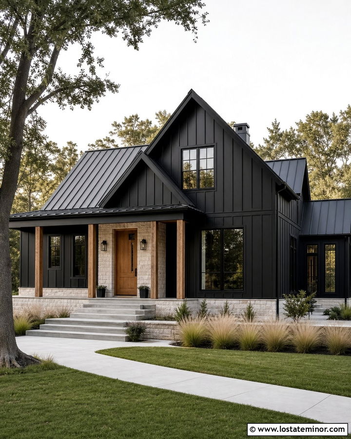 Jet Black Modern Farmhouse With Limestone - 30 Jet Black House Design With Stone Accents Ideas