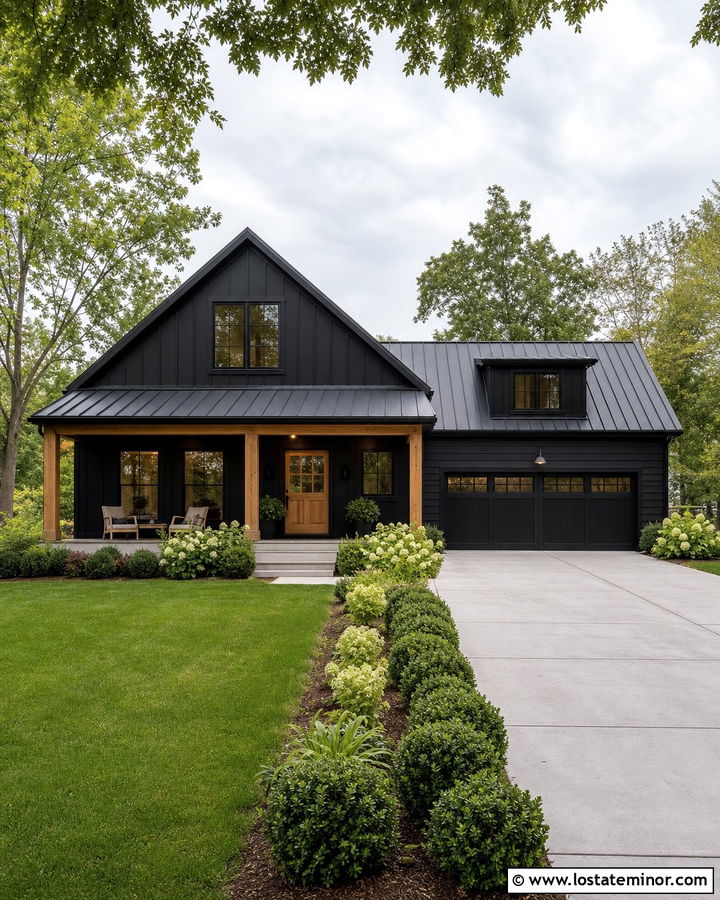 Jet Black Modern Farmhouse With Natural Wood Dutch Door - 30 Jet Black House Design With Dutch Door Ideas