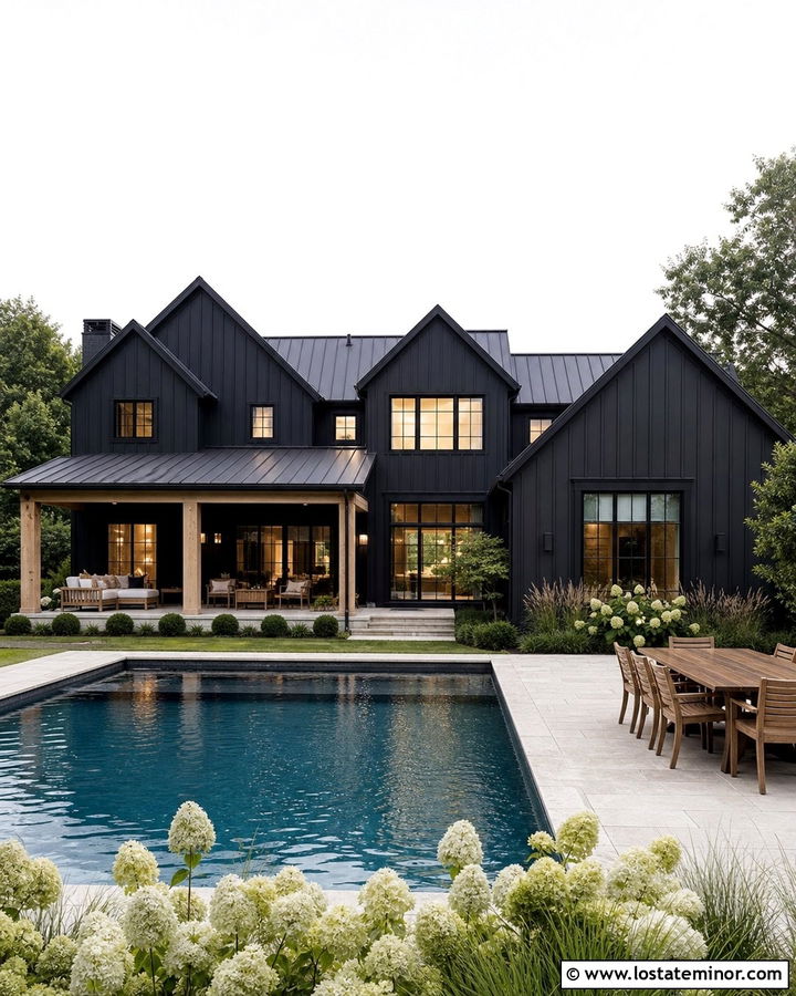 Jet Black Modern Farmhouse With Pool - 30 Jet Black House Design With Swimming Pool Ideas