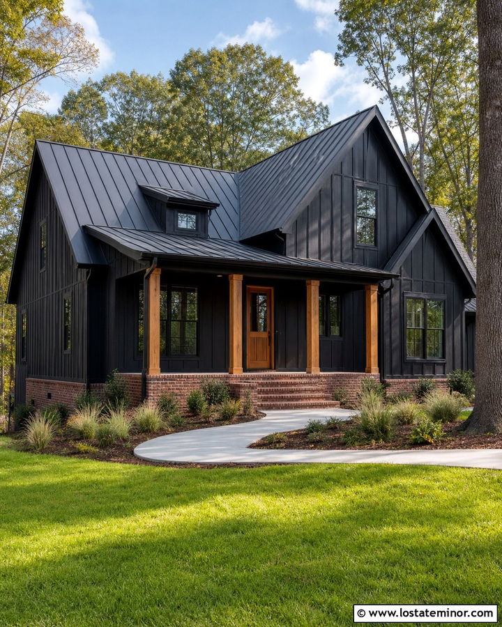 Jet Black Modern Farmhouse With Red Brick - 30 Jet Black House Design With Brick Accents Ideas