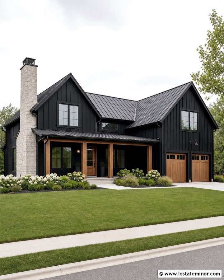 Jet Black Modern Farmhouse With Stone Chimney - 30 Jet Black House Design With Chimney Ideas
