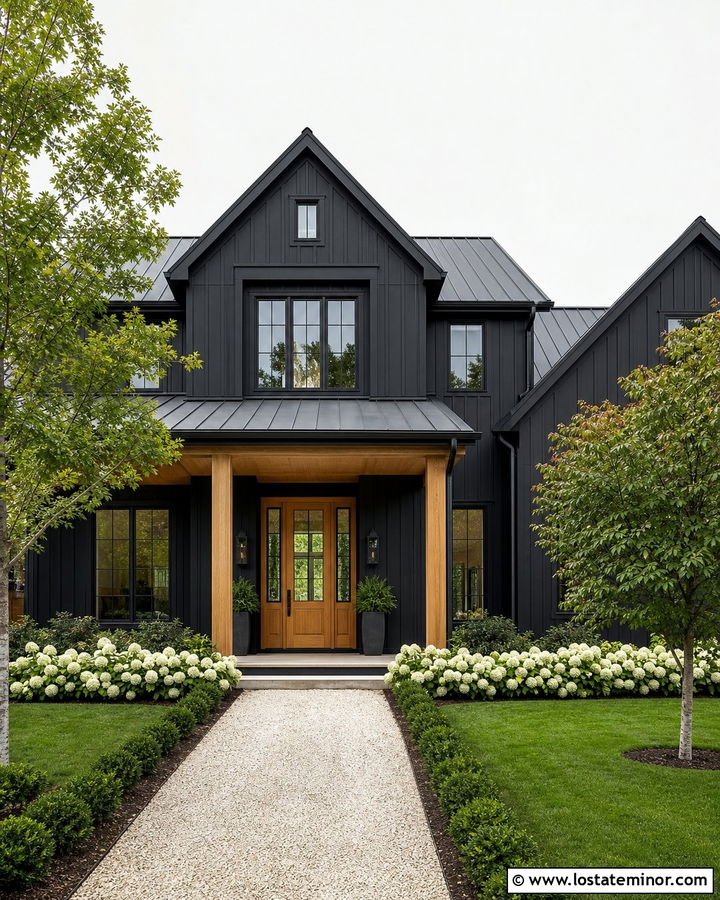 Jet Black Modern Farmhouse With White Hydrangeas - 30 Jet Black House Design With Landscaping Ideas