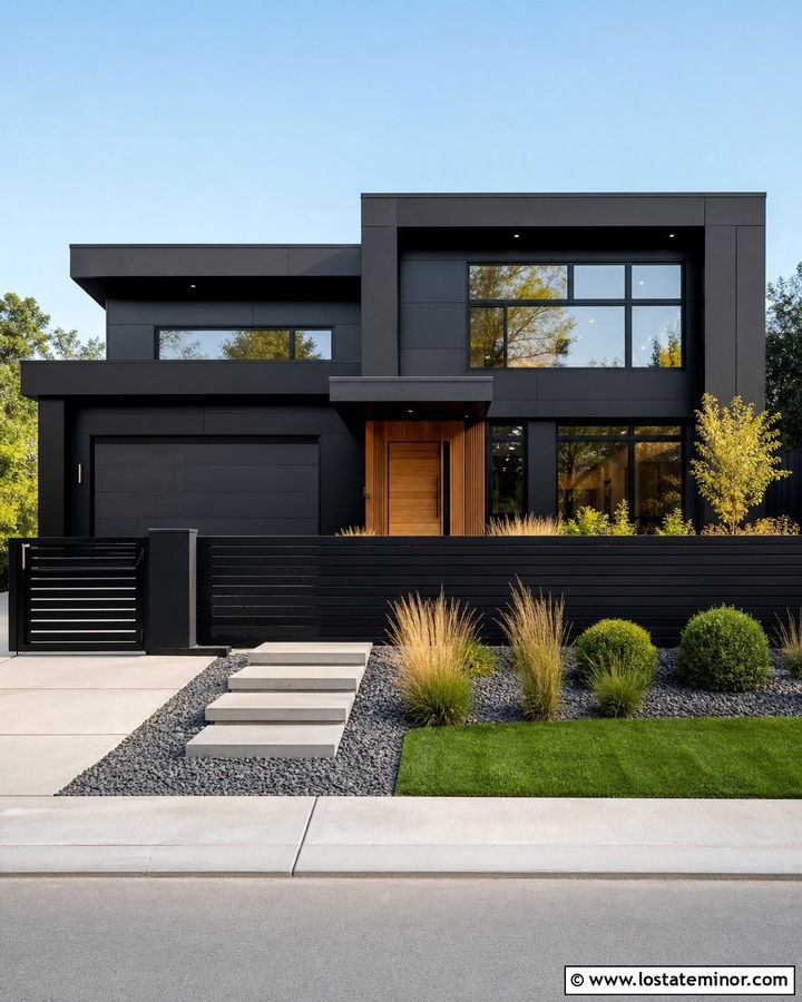 Jet Black Modern House With Black Slat Fence - 30 Jet Black House Design With Fence Ideas