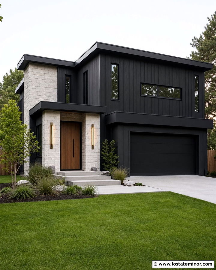 Jet Black Modern House With Brass Wall Sconces - 30 Jet Black House Design With Light Fixtures Ideas