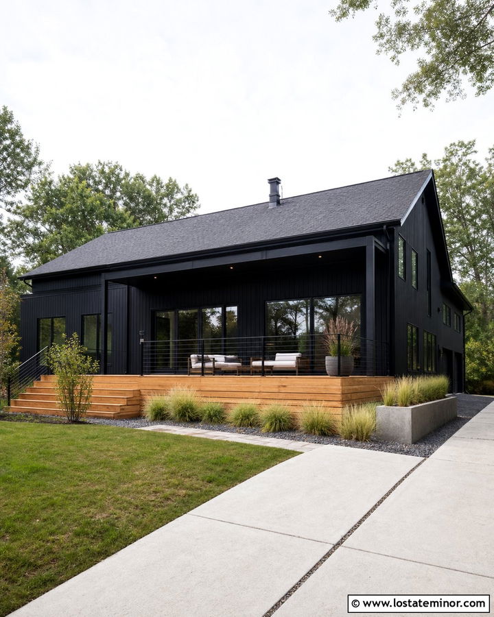 Jet Black Modern House With Cedar Deck - 30 Jet Black House Design With Backyard Ideas