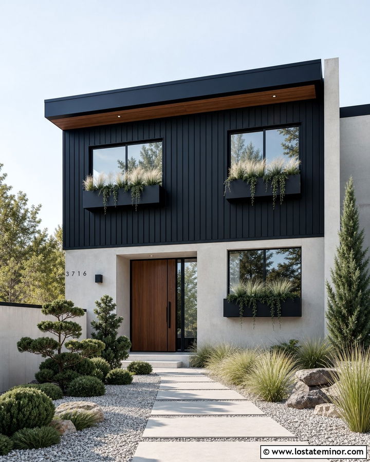 Jet Black Modern House With Metal Window Boxes - 30 Jet Black House Design With Window Boxes Ideas