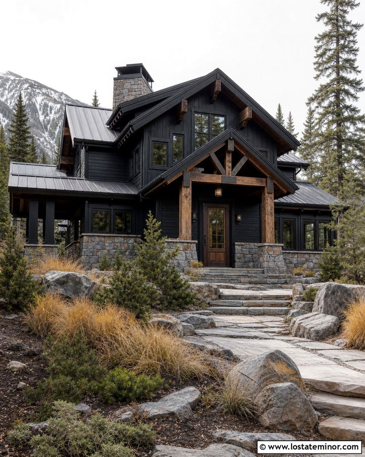 Jet Black Mountain House With Bronze Storm Door - 30 Jet Black House Design With Storm Door Ideas