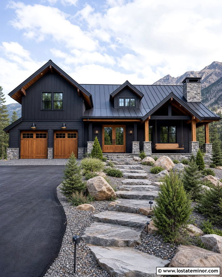 Jet Black Mountain House With Cable Swing - 30 Jet Black House Design With Swing Ideas