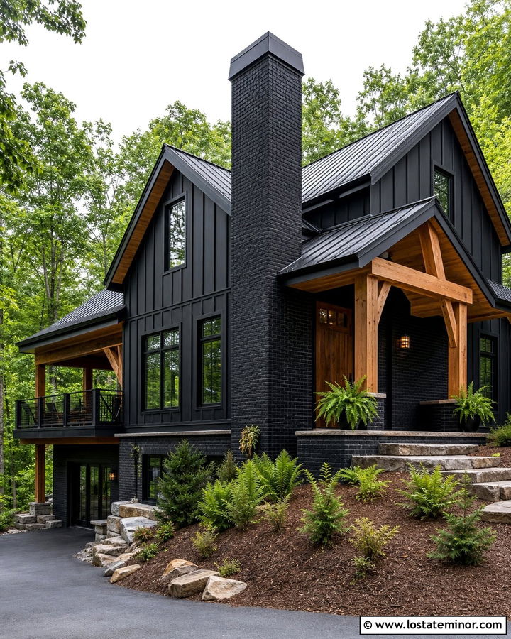 Jet Black Mountain House With Clinker Brick - 30 Jet Black House Design With Brick Accents Ideas