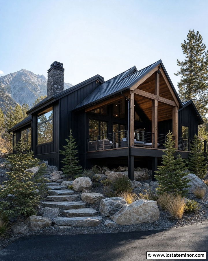 Jet Black Mountain House With Covered Deck - 30 Jet Black House Design With Deck Ideas