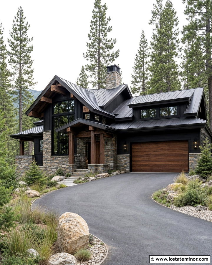 Jet Black Mountain House With Dark Wood Garage Door - 30 Jet Black House Design With Garage Door Ideas