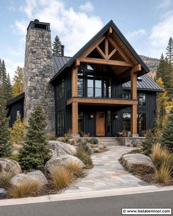 Jet Black Mountain House With Fieldstone Chimney - 30 Jet Black House Design With Chimney Ideas