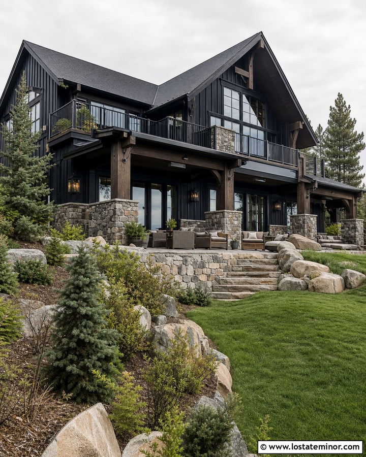 Jet Black Mountain House With Flagstone Terrace - 30 Jet Black House Design With Backyard Ideas