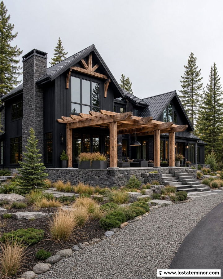 Jet Black Mountain House With Heavy Timber Pergola - 30 Jet Black House Design With Pergola Ideas