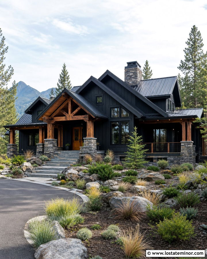 Jet Black Mountain House With Heavy Timber Porch Columns - 30 Jet Black House Design With Porch Columns Ideas