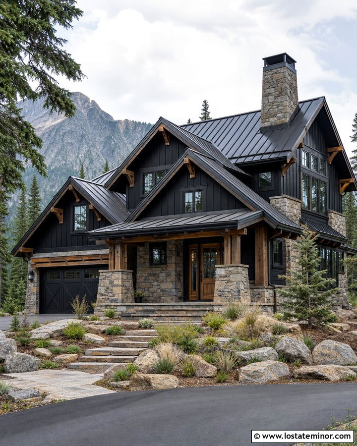 Jet Black Mountain House With Ledgestone - 30 Jet Black House Design With Stone Accents Ideas