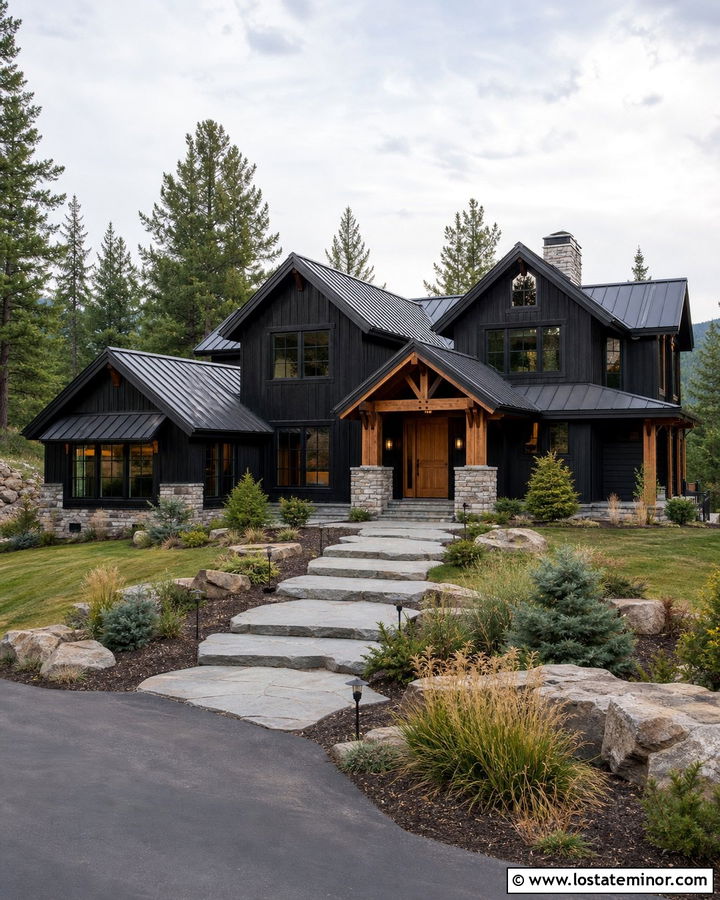 Jet Black Mountain House With Natural Stone Walkway - 30 Jet Black House Design With Walkway Ideas