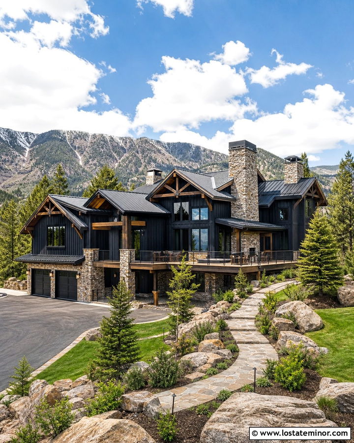 Jet Black Mountain House With Natural Stone - 30 Jet Black House Design With Board and Batten Ideas