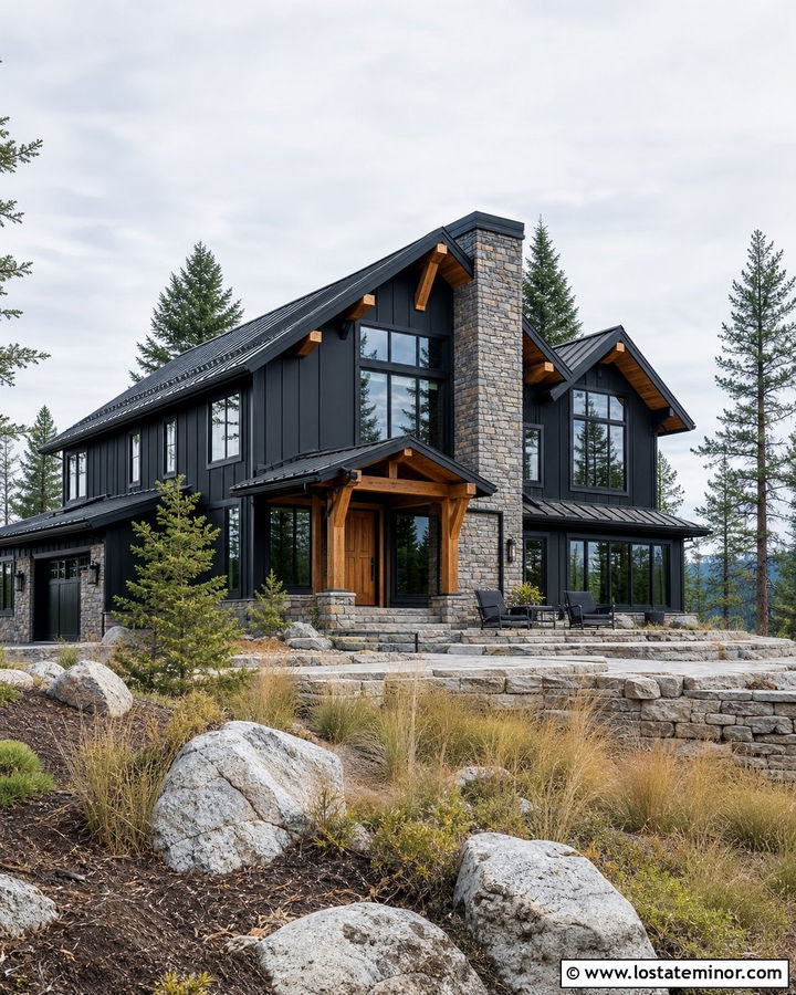 Jet Black Mountain House With Oversized Black Windows - 30 Jet Black House Design With Window Frames Ideas
