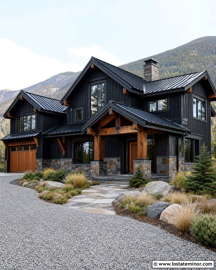 Jet Black Mountain House With Quartzite Wainscoting - 30 Jet Black House Design With Wainscoting Ideas