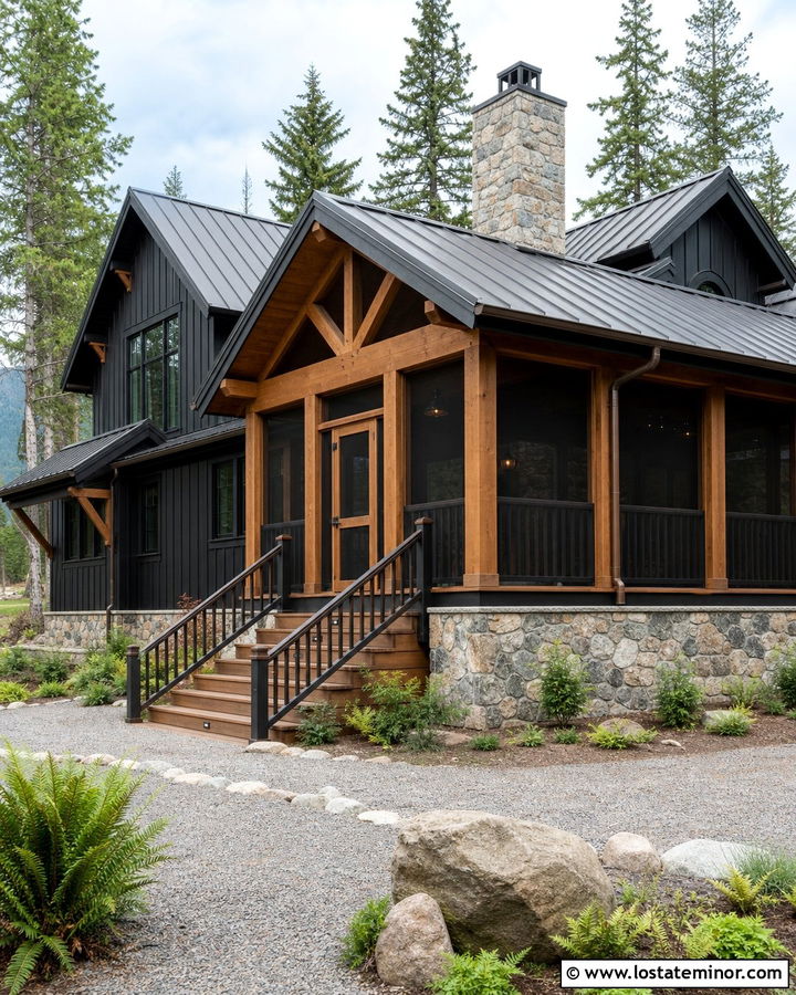 Jet Black Mountain House With Screened Porch Door - 30 Jet Black House Design With Screen Door Ideas