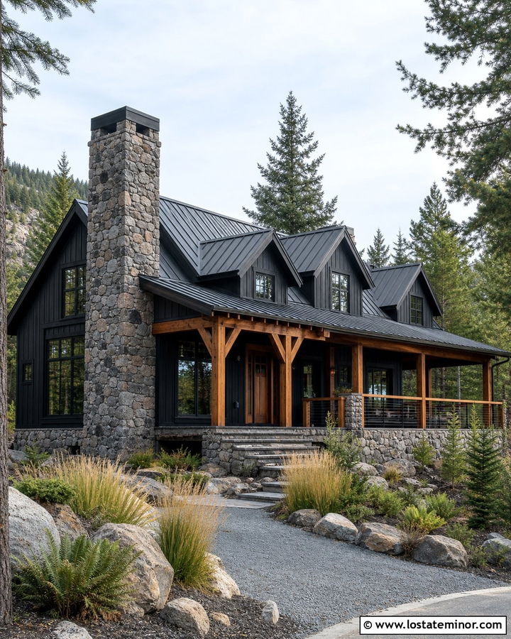 Jet Black Mountain House With Stone Chimney - 30 Jet Black House Design With Siding Ideas