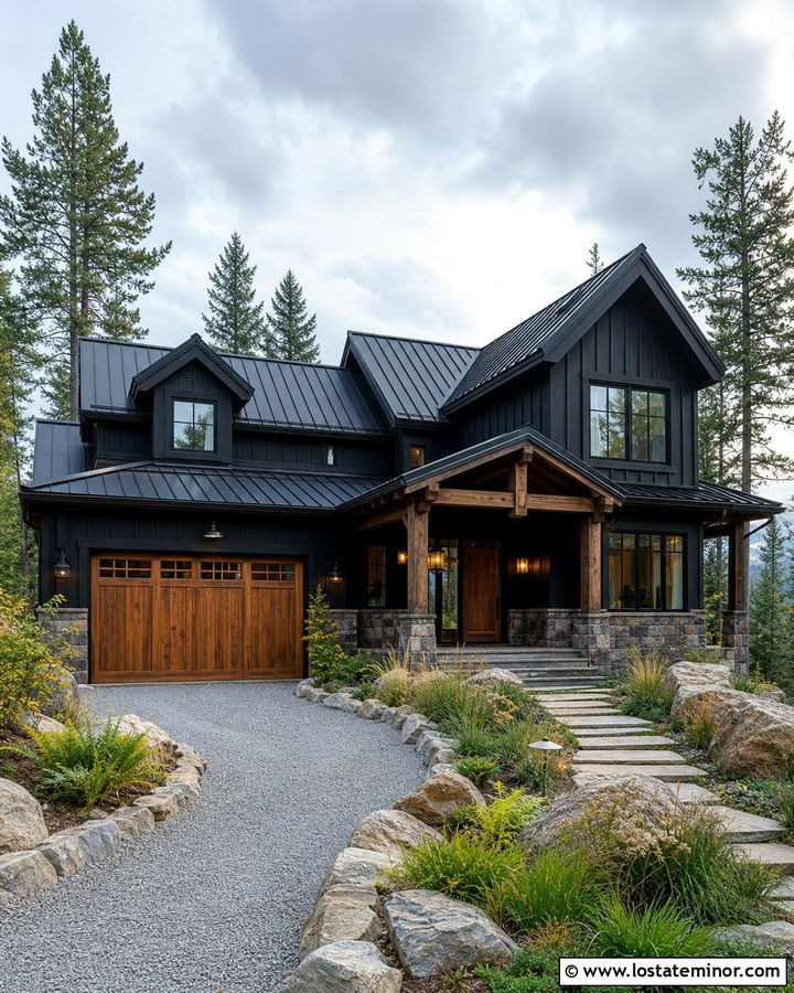 Jet Black Mountain House With Stone Driveway - 30 Jet Black House Design With Driveway Ideas
