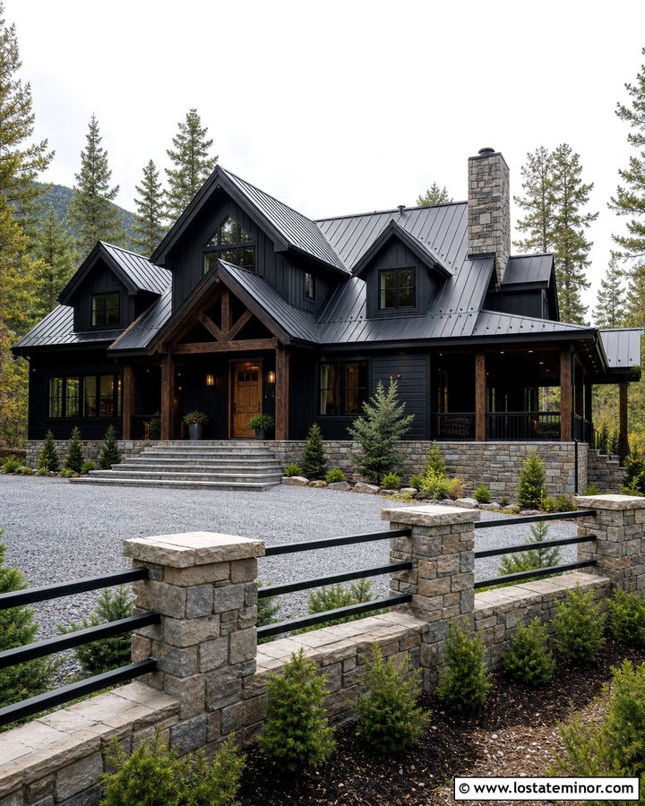 Jet Black Mountain House With Stone Pillar Fence - 30 Jet Black House Design With Fence Ideas