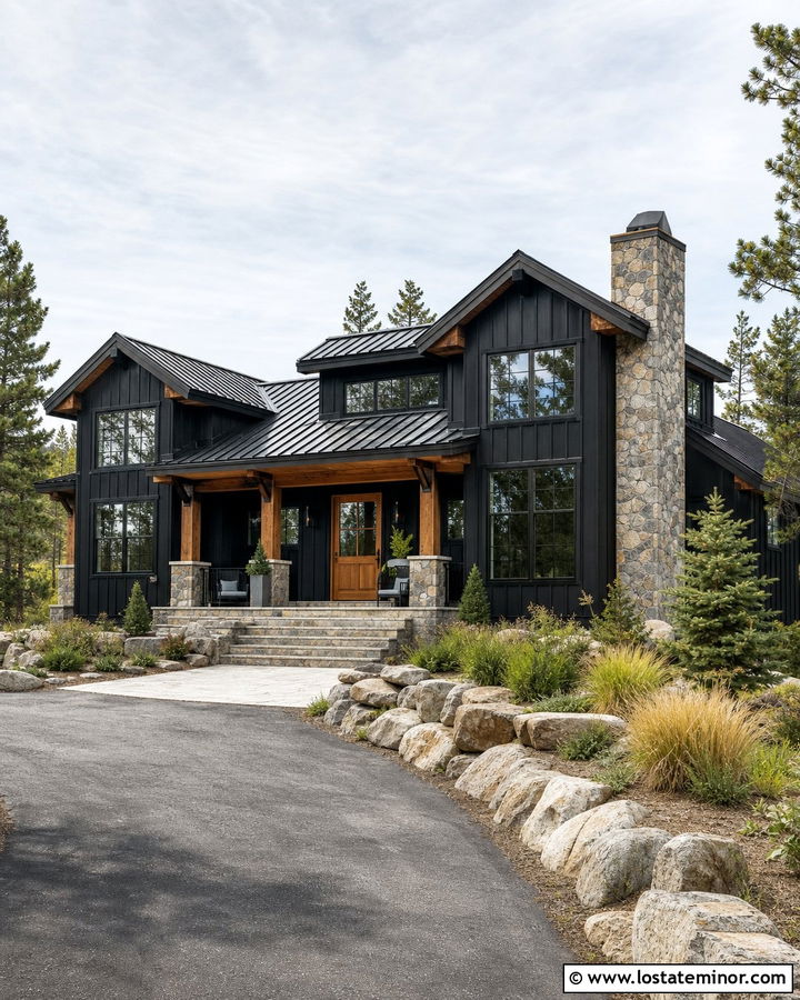 Jet Black Mountain House With Stone Porch And Dutch Door - 30 Jet Black House Design With Dutch Door Ideas