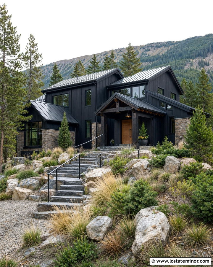 Jet Black Mountain House With Stone Slab Steps - 30 Jet Black House Design With Steps Ideas