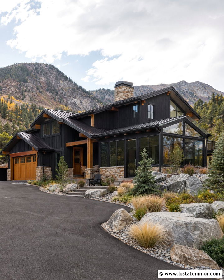 Jet Black Mountain House With Stone Sunroom - 30 Jet Black House Design With Sunroom Ideas
