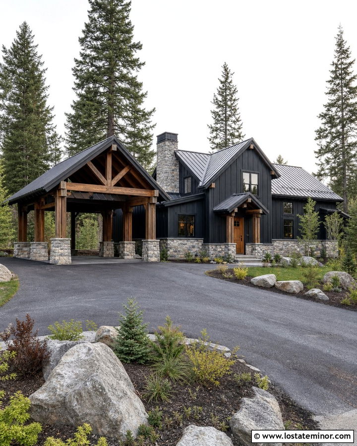 Jet Black Mountain House With Timber Carport - 30 Jet Black House Design With Carport Ideas