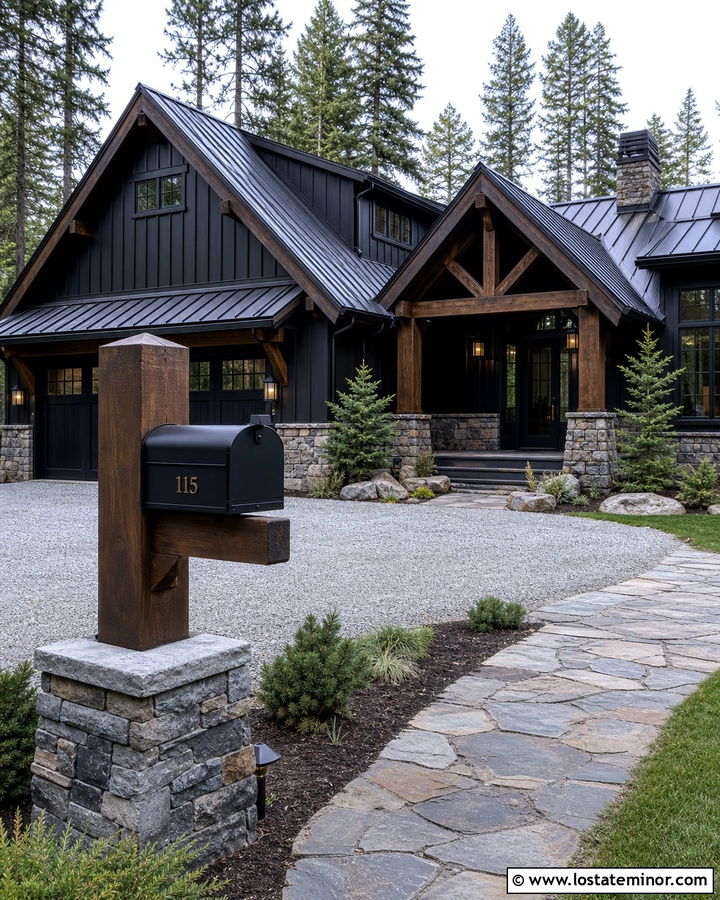 Jet Black Mountain House With Timber Mailbox - 30 Jet Black House Design With Mailbox Ideas