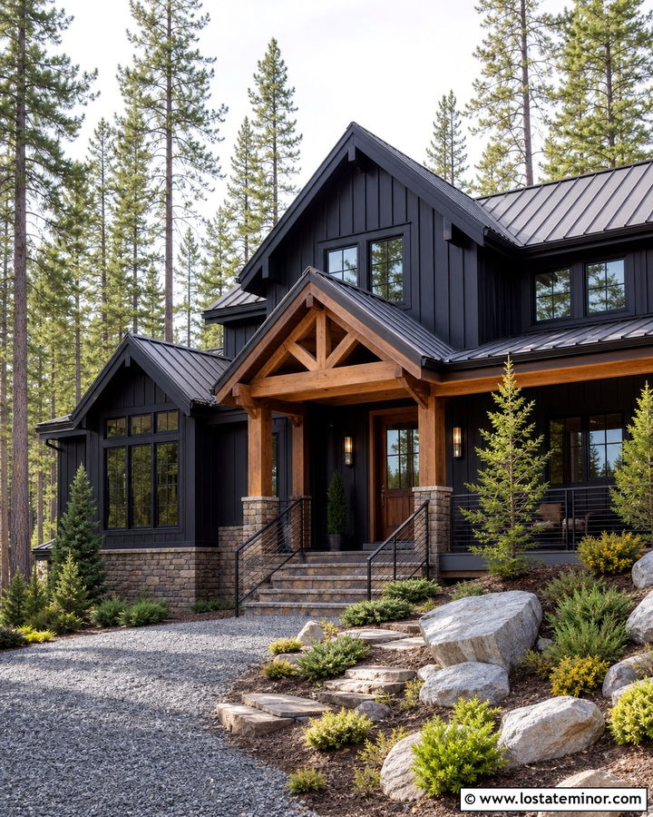 Jet Black Mountain House With Timber Porch - 30 Jet Black House Design With Front Porch Ideas