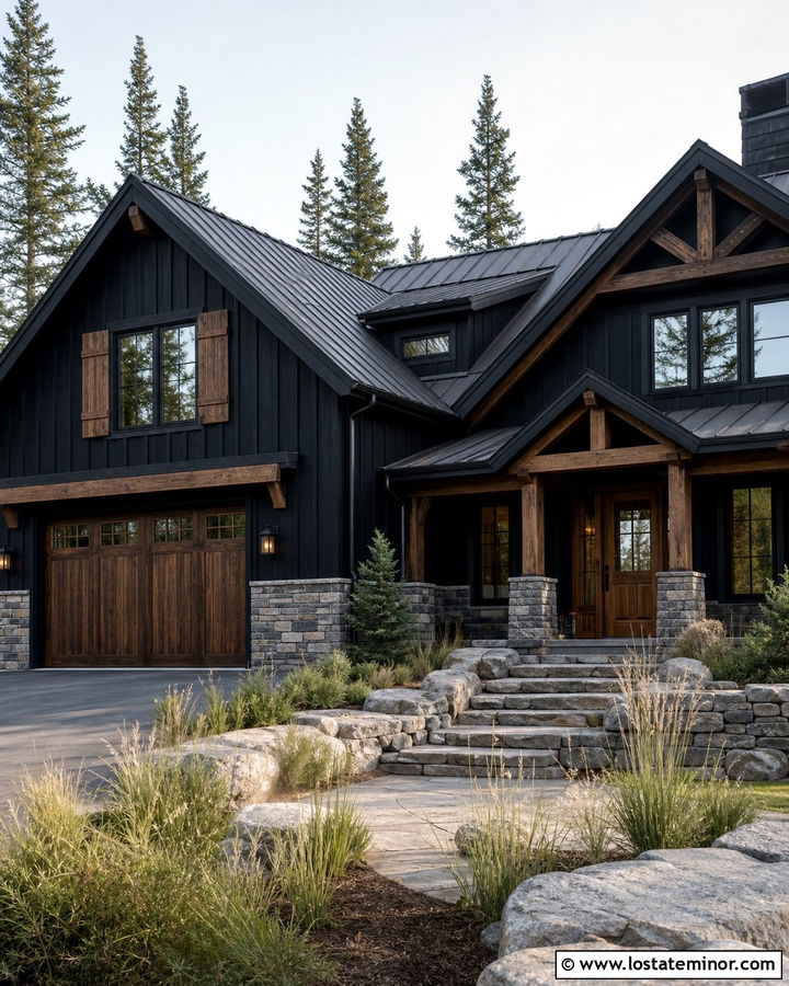 Jet Black Mountain House With Walnut Shutters - 30 Jet Black House Design With Shutters Ideas