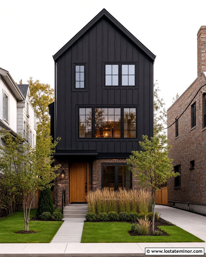 Jet Black Narrow House With Brick Accents - 30 Jet Black House Design With Board and Batten Ideas